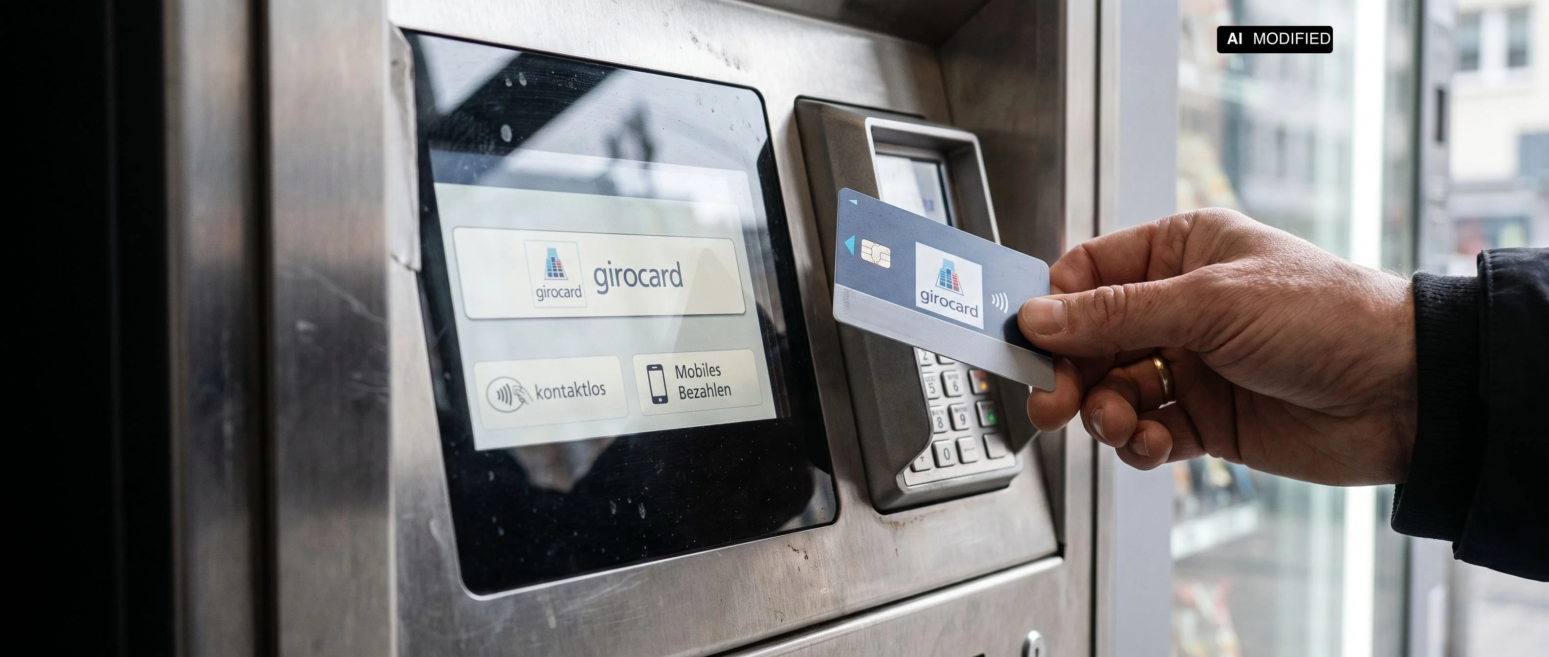 Nahaufnahme eines modernen Zahlungsterminals mit Girocard-Option und kontaktlosen Zahlungsmöglichkeiten
