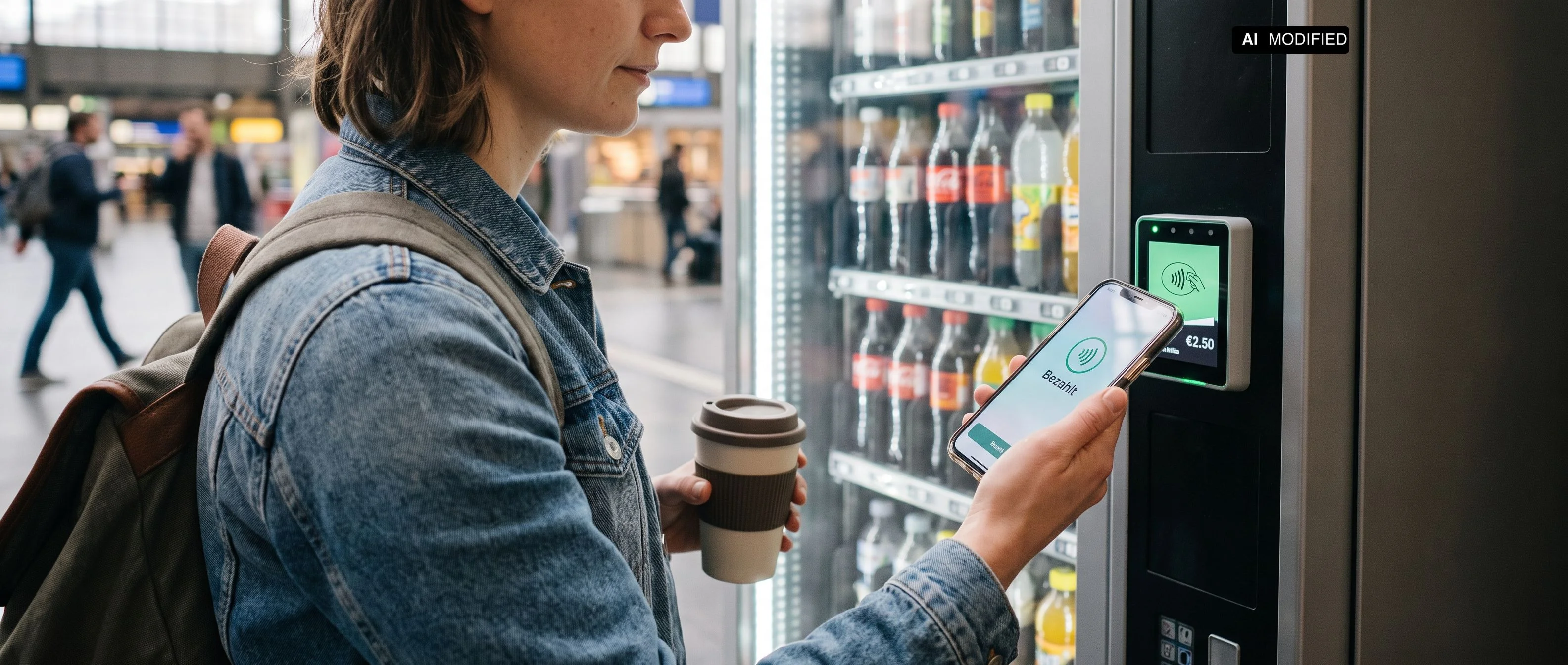 Junger Kunde zahlt kontaktlos mit Smartphone an einem Vendingautomaten-Terminal