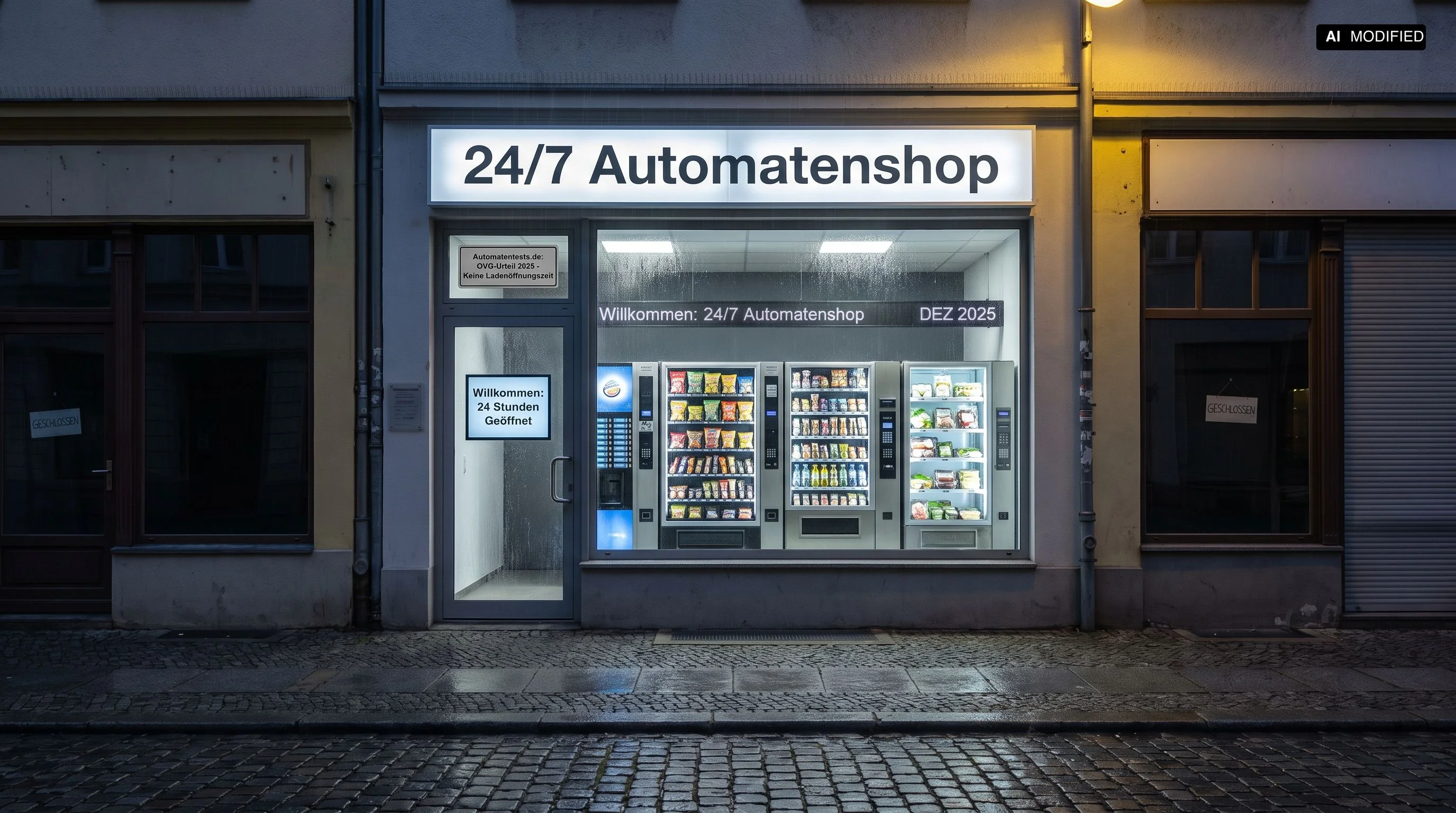 Beleuchteter Automatenshop mit Verkaufsautomaten hinter einer Glasfront bei Nacht, geöffnet außerhalb der üblichen Ladenöffnungszeiten