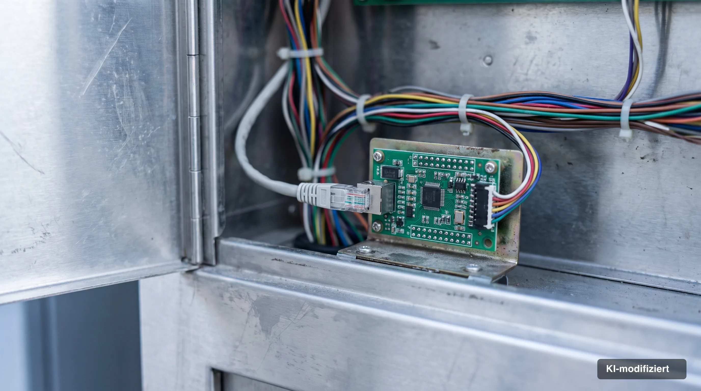 Serviceklappe eines Getränkeautomaten mit sichtbarer Steuerplatine und angeschlossenem Netzwerkkabel