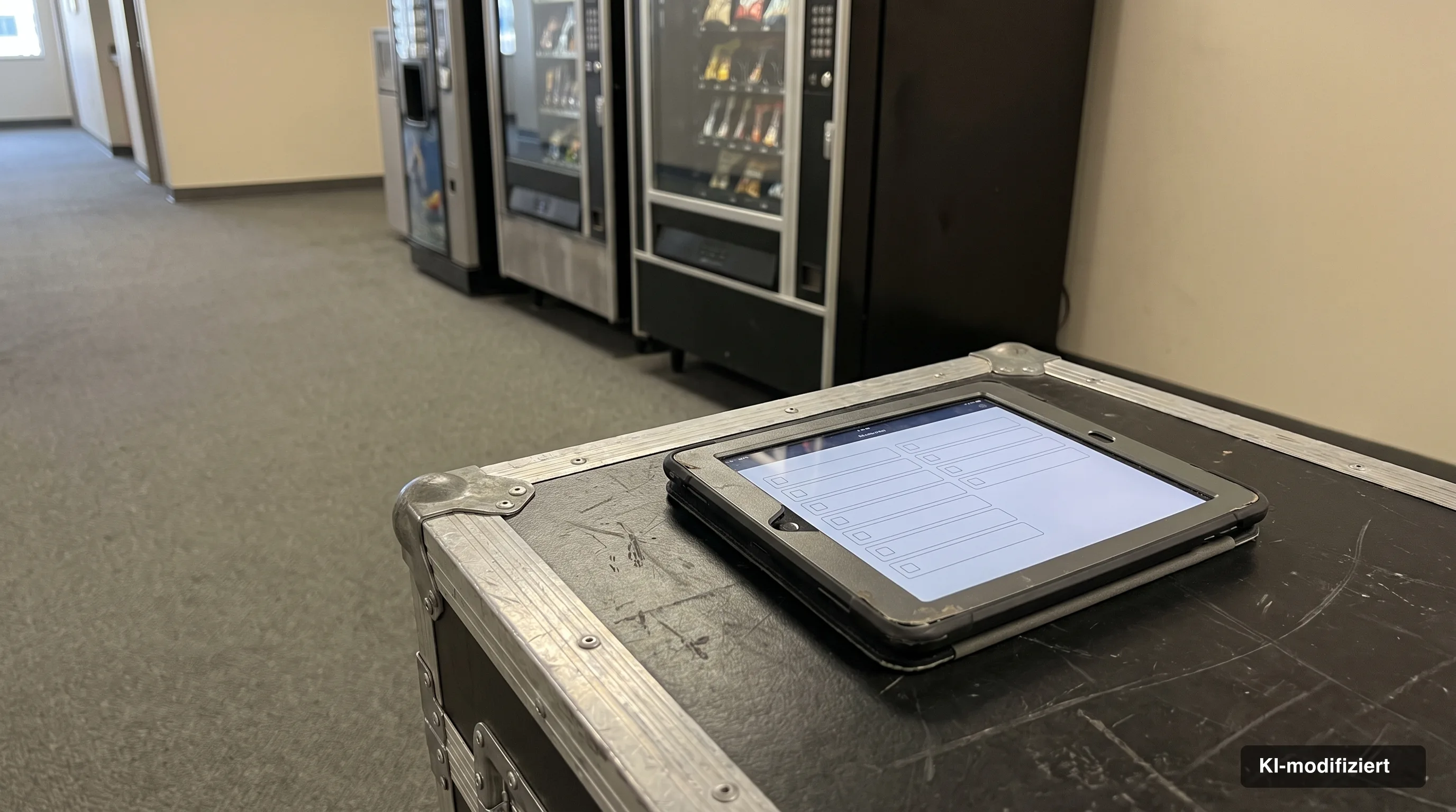 Tablet mit Wartungsliste vor einer Reihe von Verkaufsautomaten in einem Flur