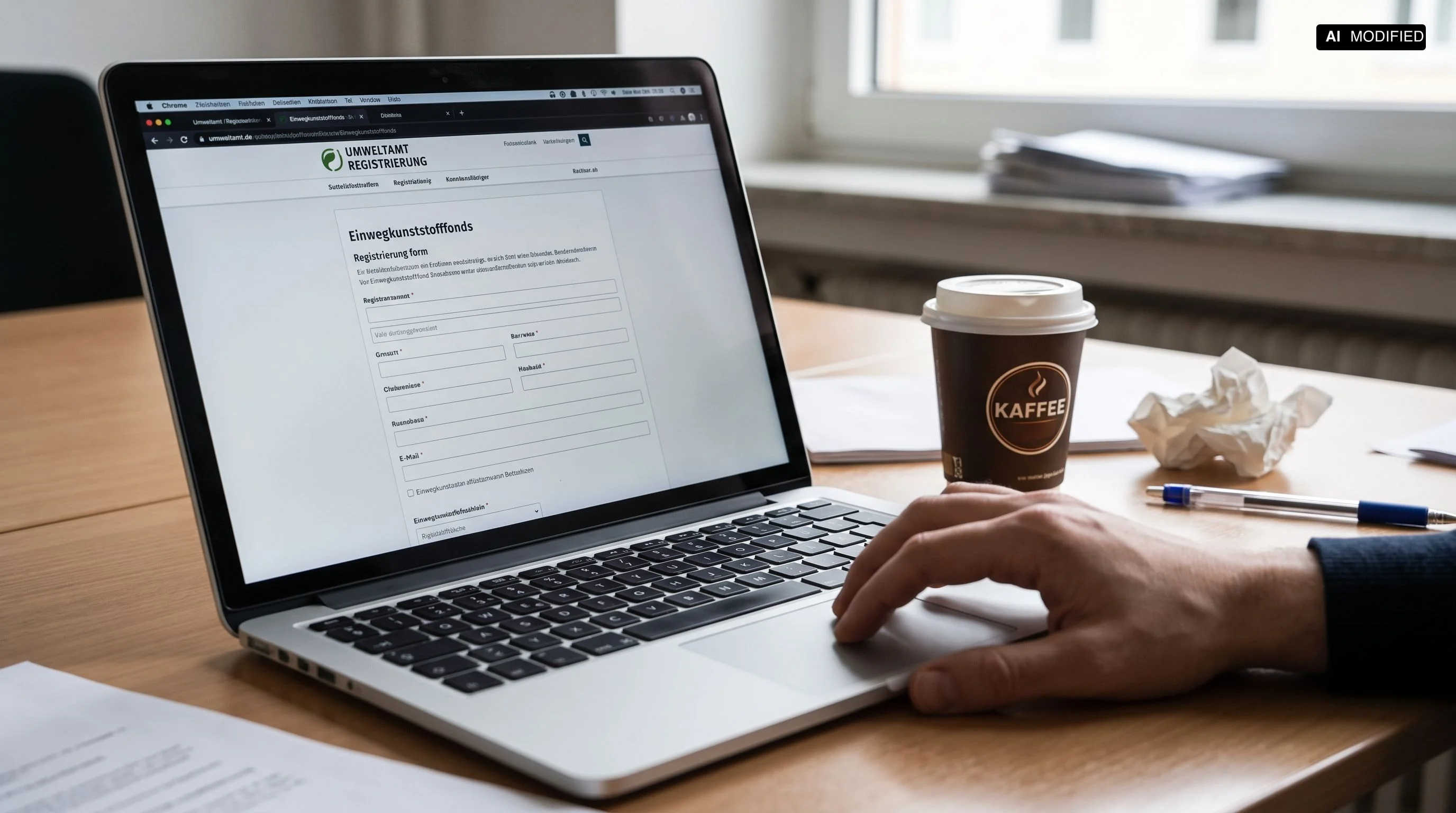 Person registriert online beim Umweltbundesamt, Laptop zeigt ein Formular, daneben ein Einwegbecher aus dem Kaffeeautomaten
