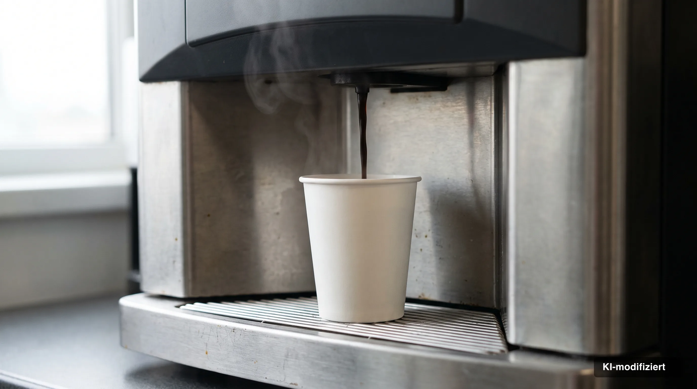 Ausgabefach eines Kaffeeautomaten in einer Büroteeküche, ein weißer Einwegbecher wird gerade gefüllt