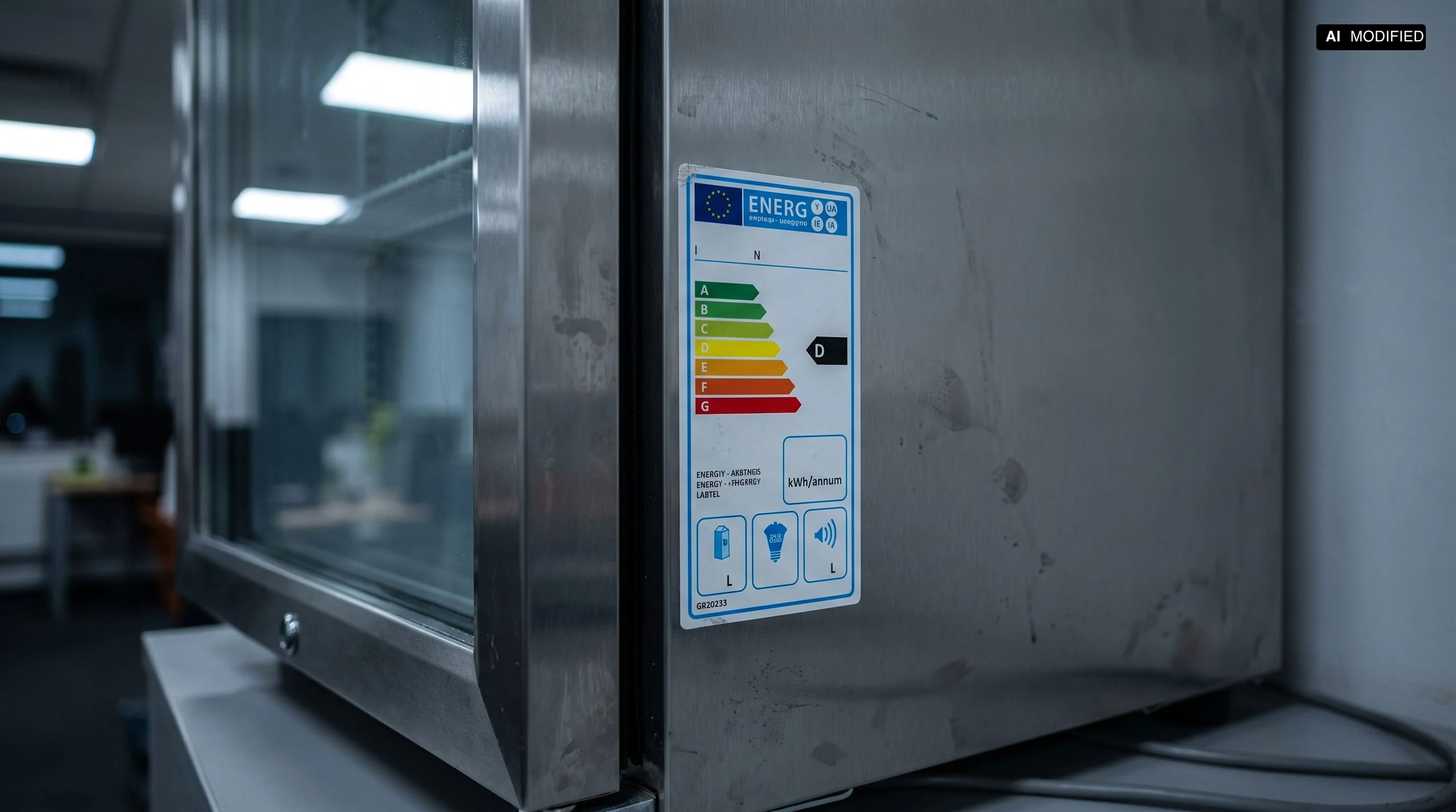Nahaufnahme eines EU-Energielabels an der Seite eines Getränkeautomaten mit sichtbarer Effizienzklasse