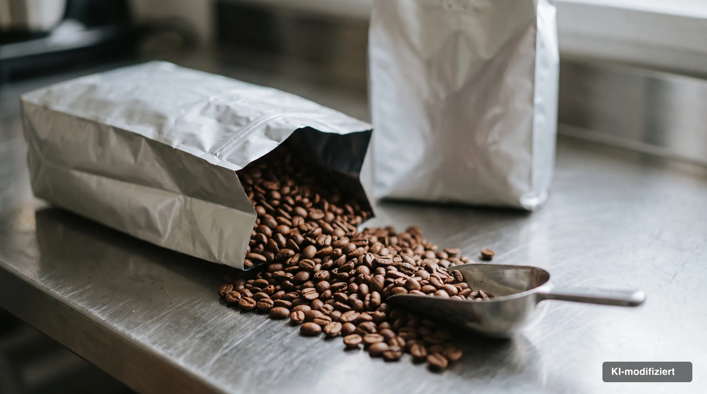 Geröstete Kaffeebohnen laufen aus einem unbedruckten Folienbeutel auf eine Edelstahl-Arbeitsfläche, daneben eine Schaufel