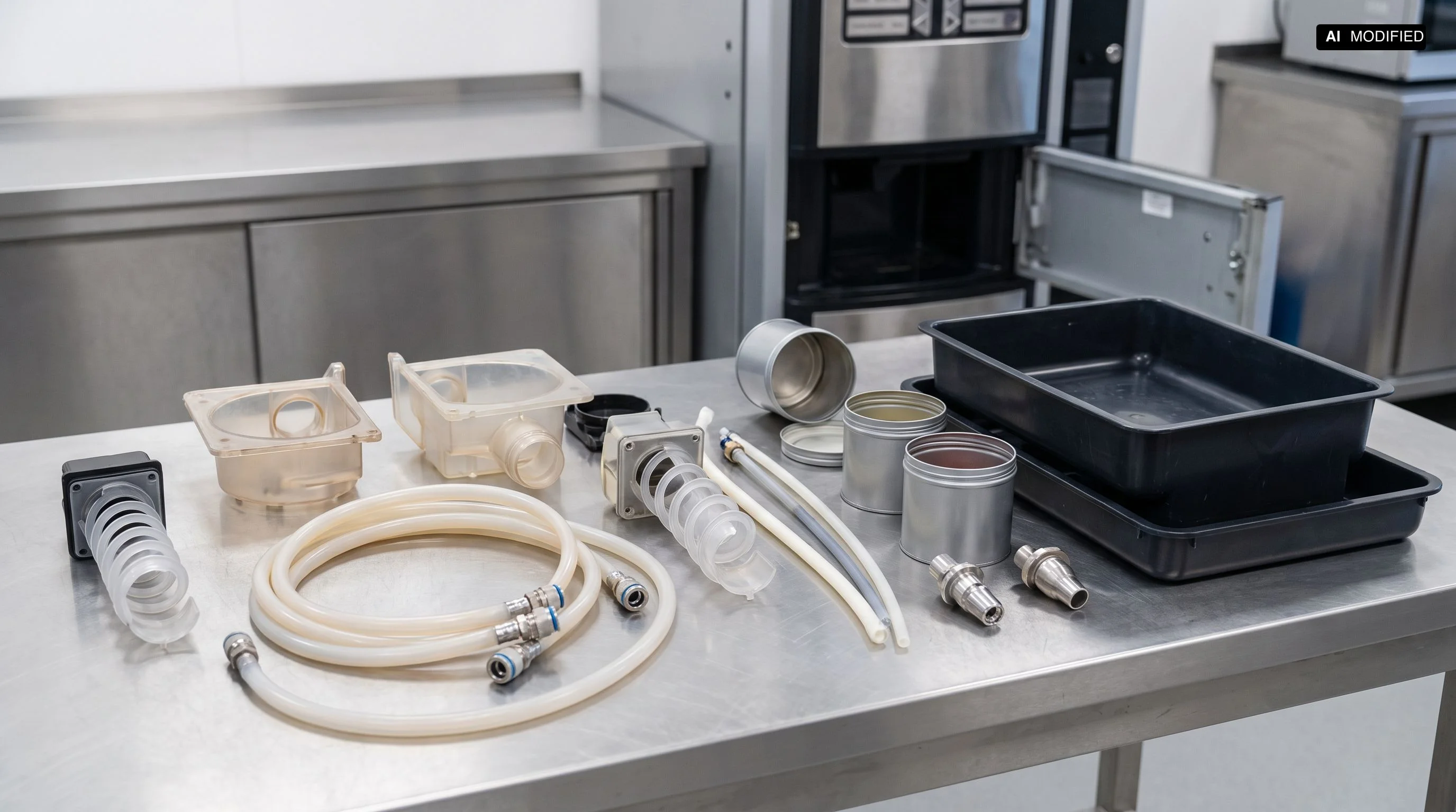 Herausgenommene Mischkammer, Milchschlauch und Tropfschale eines Heißgetränkeautomaten zur getrennten hygienischen Reinigung