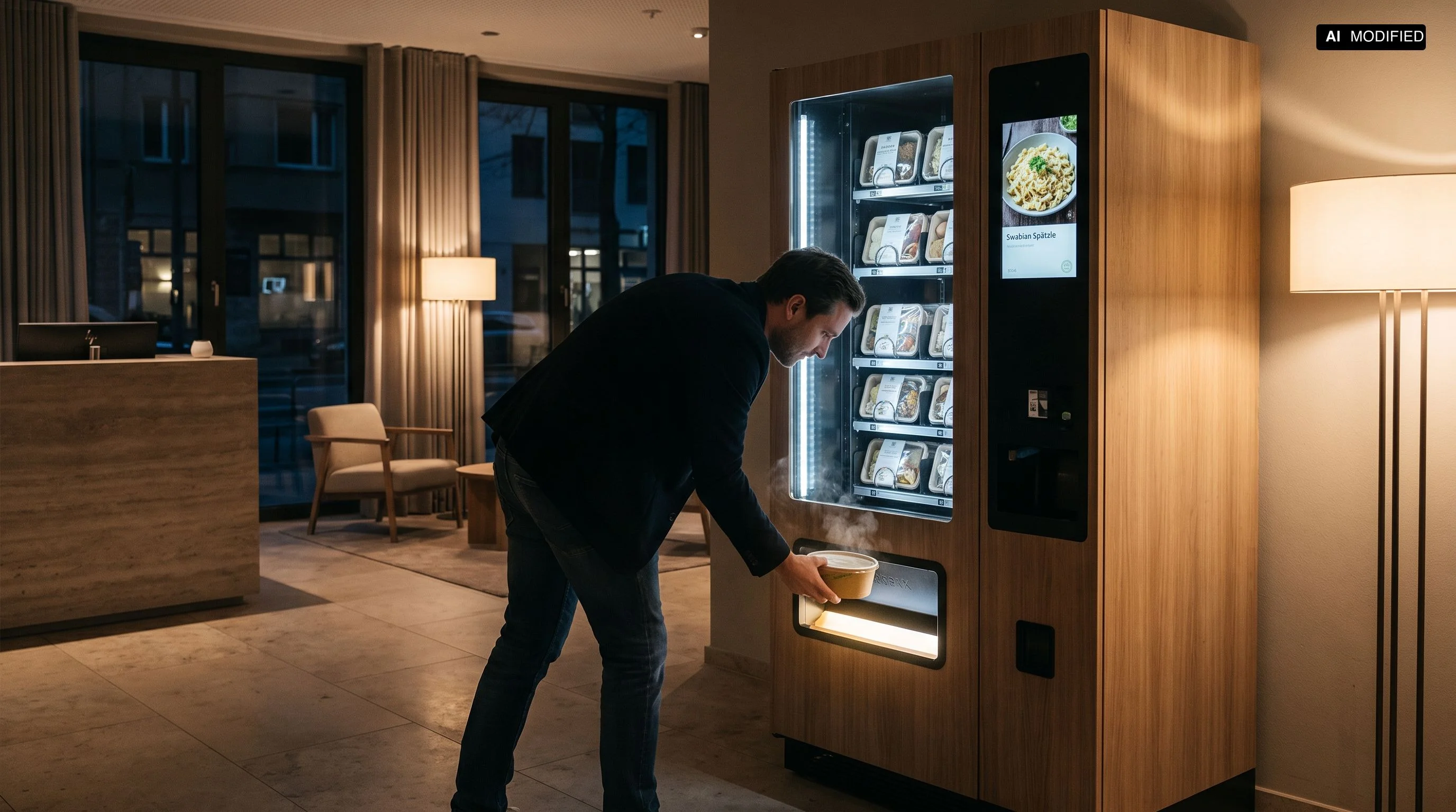 Hotelgast holt sich abends eine warme Mahlzeit aus einem Verkaufsautomaten in der Lobby (KI-generiert)