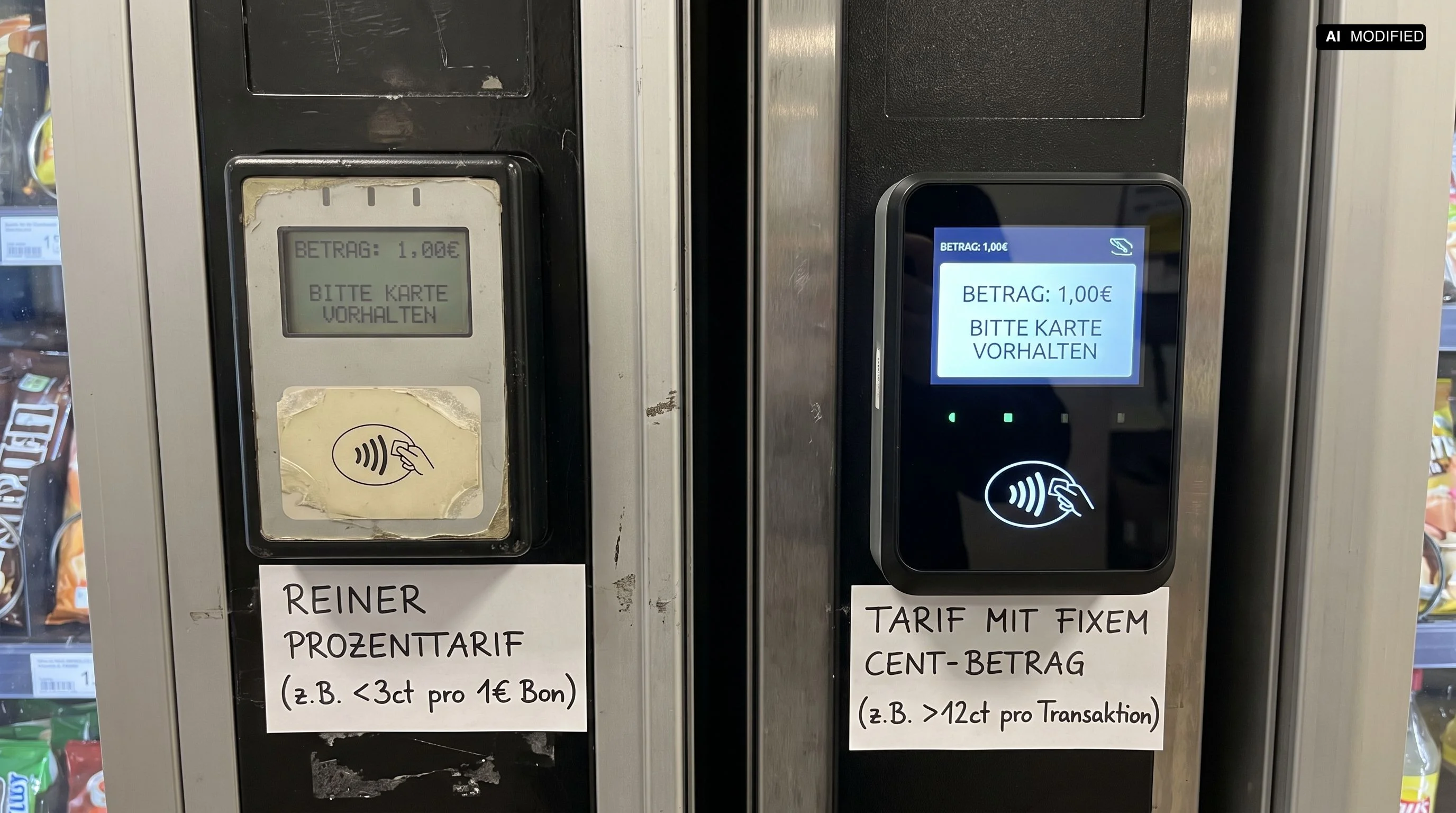 Zwei Zahlungsterminals unterschiedlicher Bauart nebeneinander an Verkaufsautomaten, zum Vergleich der Tarifformen