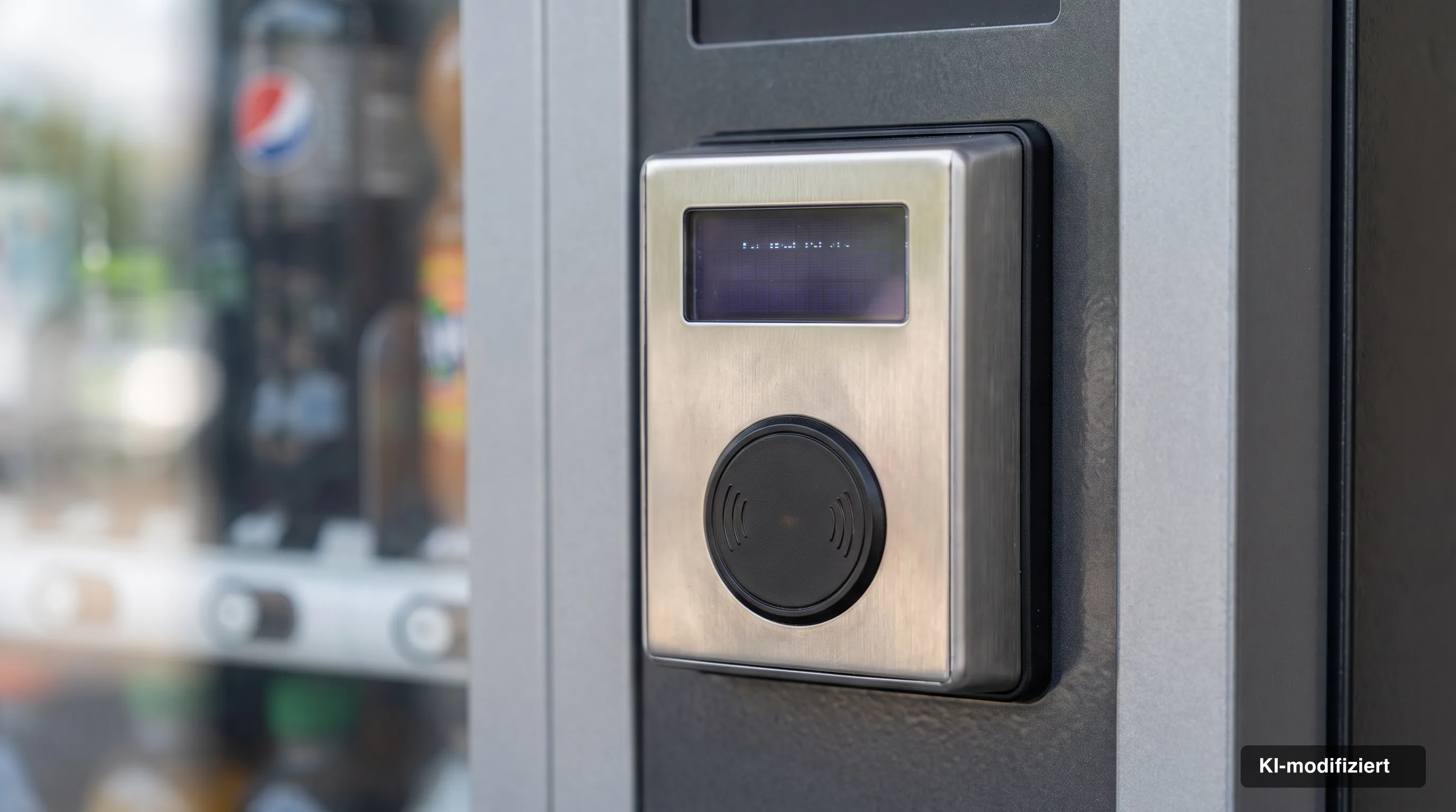 Kartenterminal mit Display an der Frontblende eines Getränkeautomaten, Nahaufnahme
