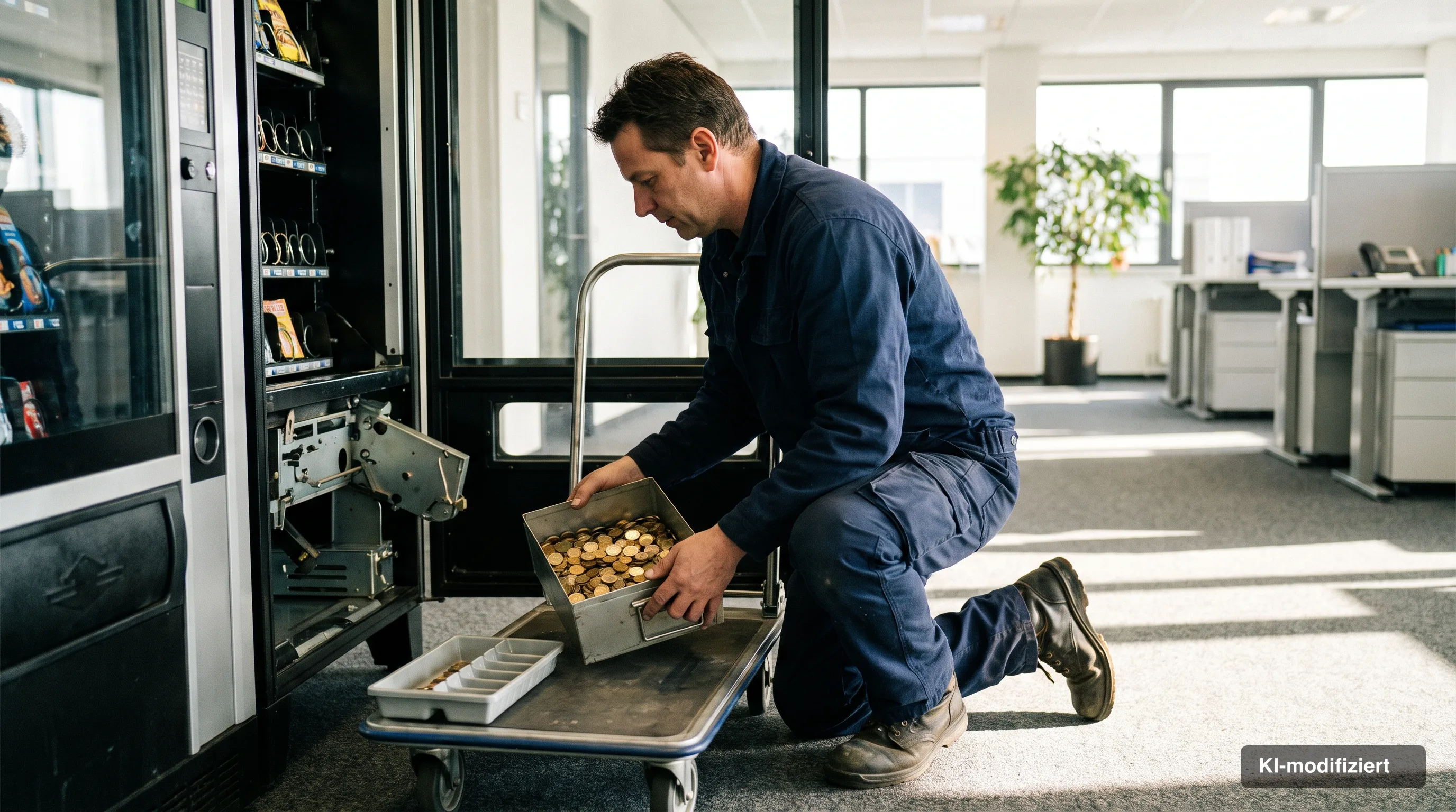 Servicetechniker leert den Münzbehälter eines Verkaufsautomaten und zählt Hartgeld