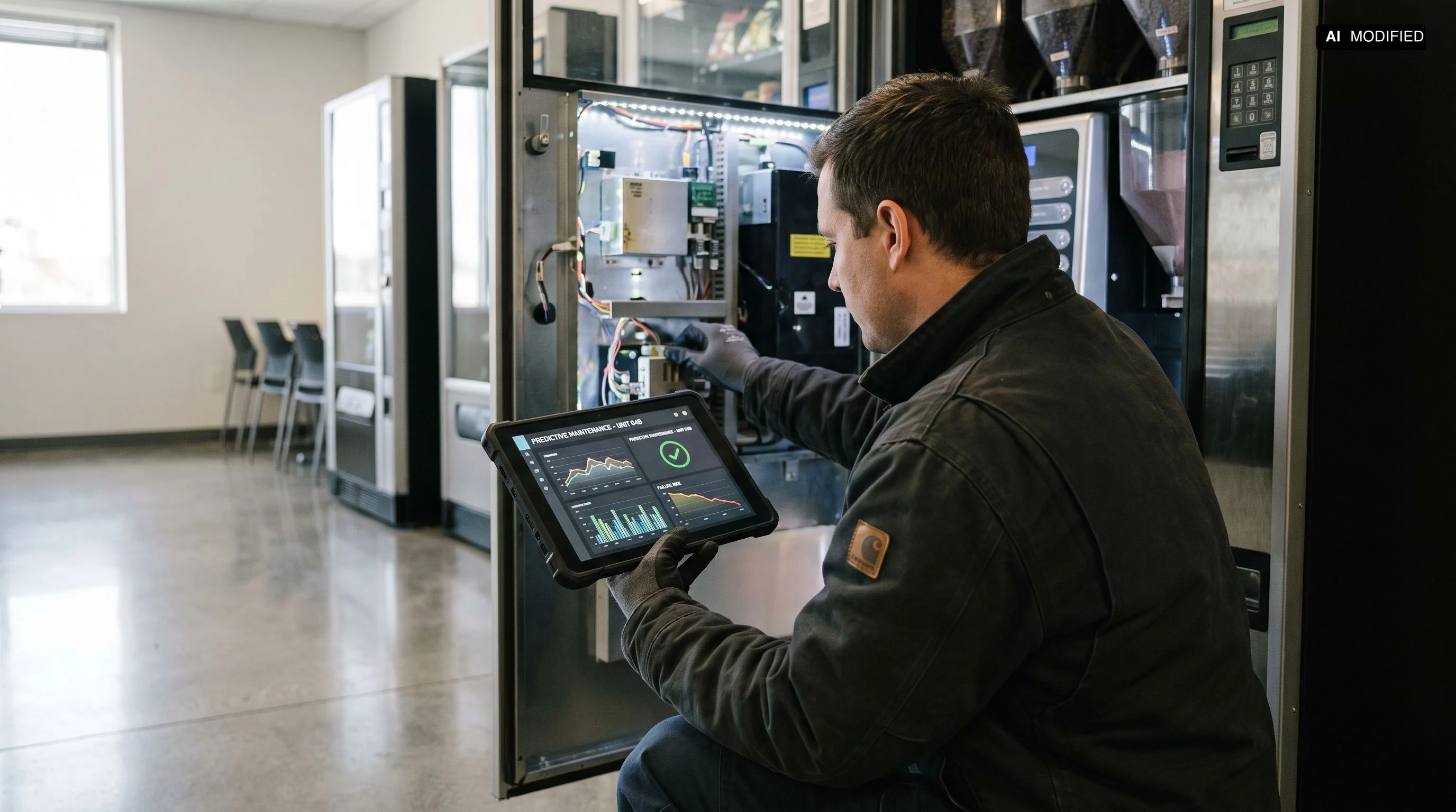 Techniker prüft auf einem Tablet die Telemetrie-Vorhersage eines Kaffeevollautomaten während eines Wartungstermins