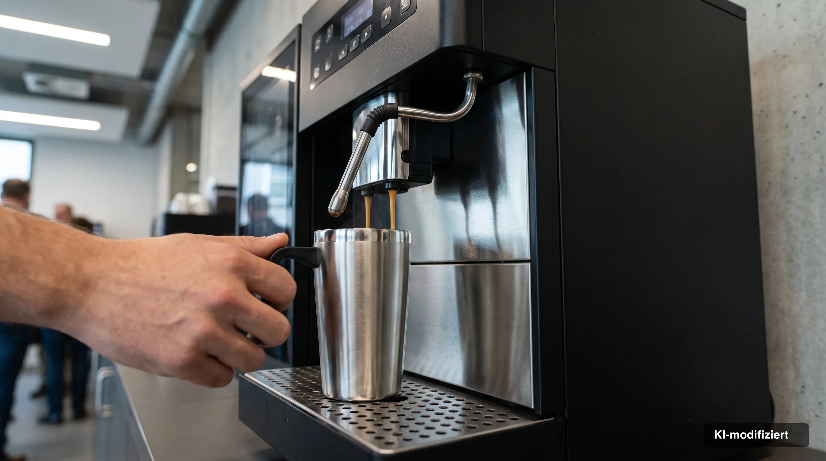 Ein Kaffeeautomat gibt Kaffee in einen mitgebrachten Edelstahlbecher aus, der unter dem hochgestellten Auslauf steht