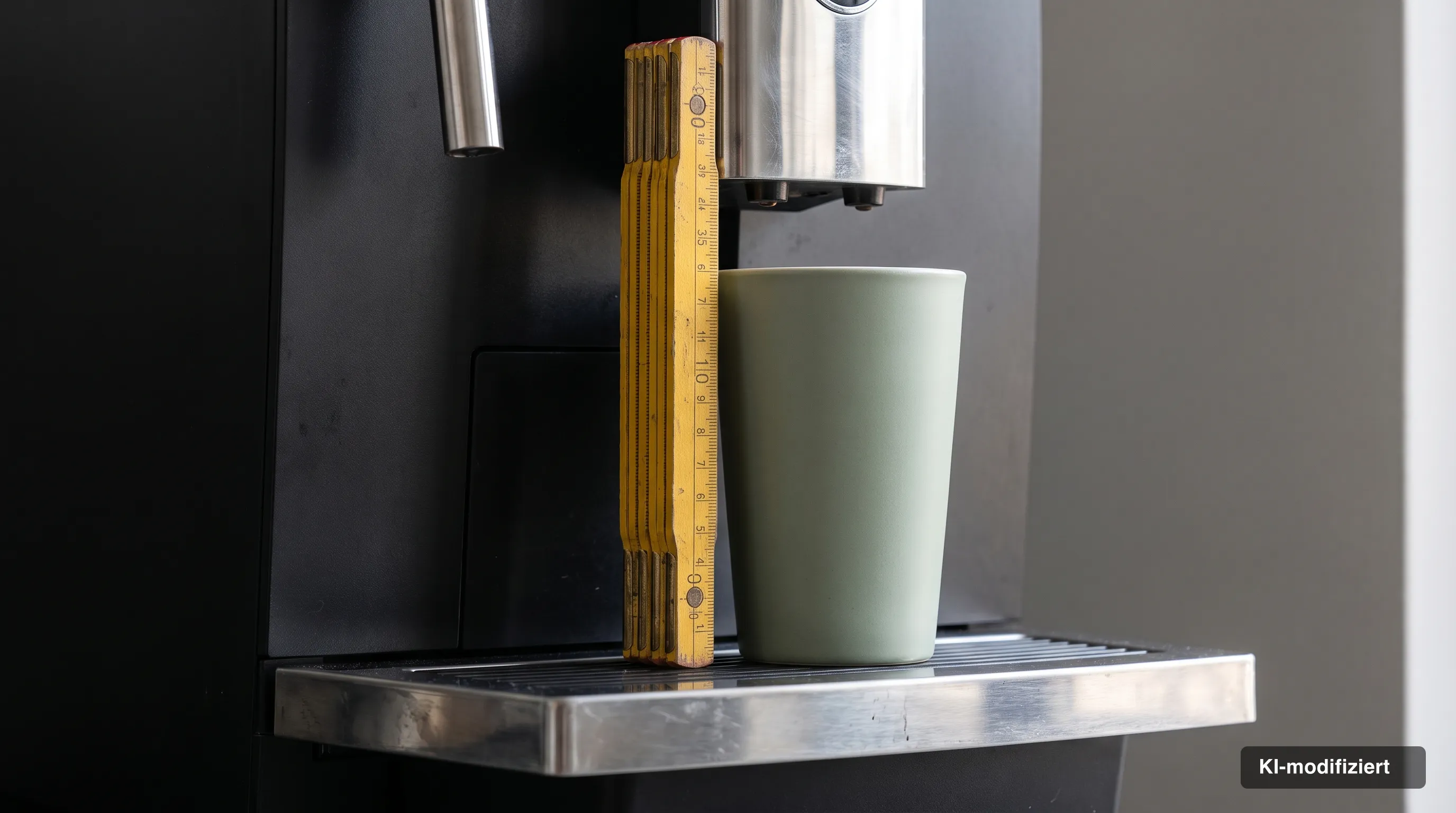 Ein Zollstock steht neben einem Mehrwegbecher unter dem Auslauf eines Kaffeevollautomaten und zeigt die nutzbare Höhe