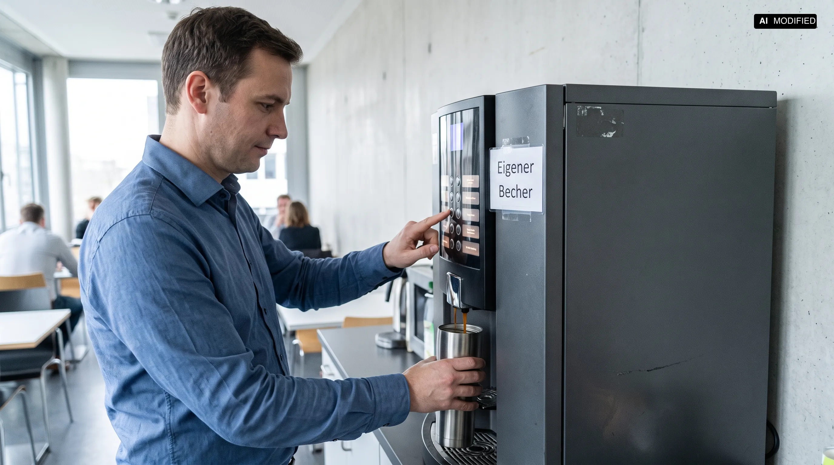 Ein Mann hält seinen eigenen Edelstahl-Thermobecher unter den Auslauf eines Kaffeeautomaten und drückt gleichzeitig eine Auswahltaste, während am Gerät ein Hinweisschild mit der Aufschrift Eigener Becher hängt