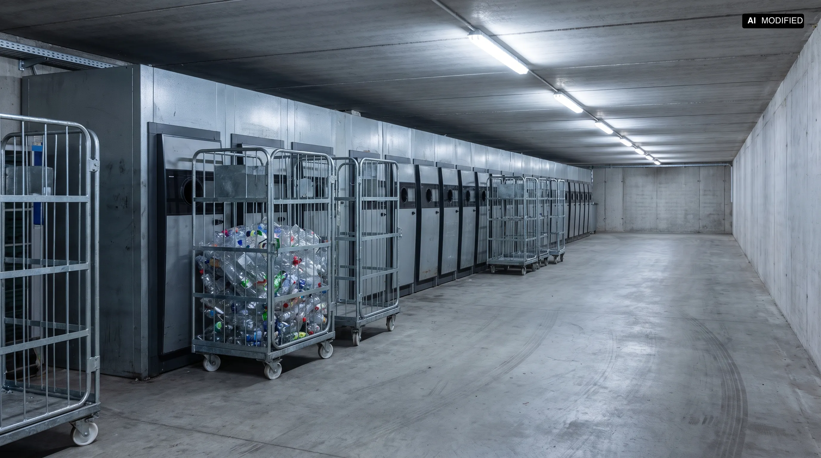 Langer Backroom eines Supermarkts mit einer Reihe grauer Sammelschränke an der Wand und galvanisierten Rollbehältern davor, einer gefüllt mit kompaktierten PET-Flaschen