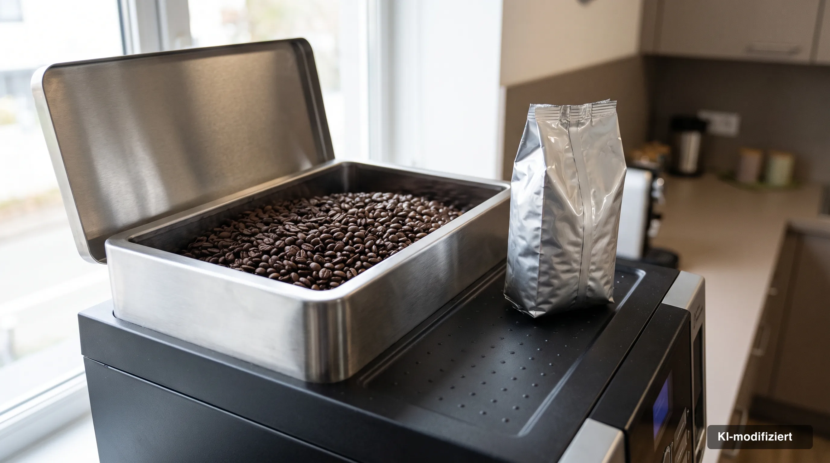 Kaffeebohnen in der geöffneten Vorratskammer eines gewerblichen Automaten, daneben ein Vorratsbeutel