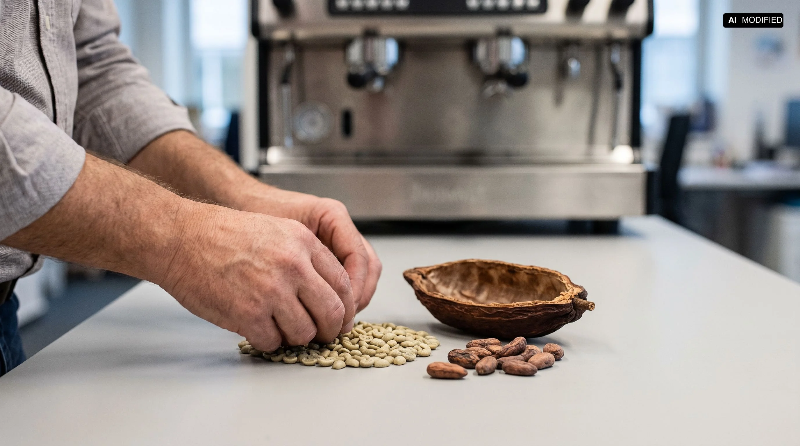 Grüne Kaffeebohnen und Kakaofrüchte als unterschiedliche Rohstoffgruppen im professionellen Getränke- und Snackeinkauf