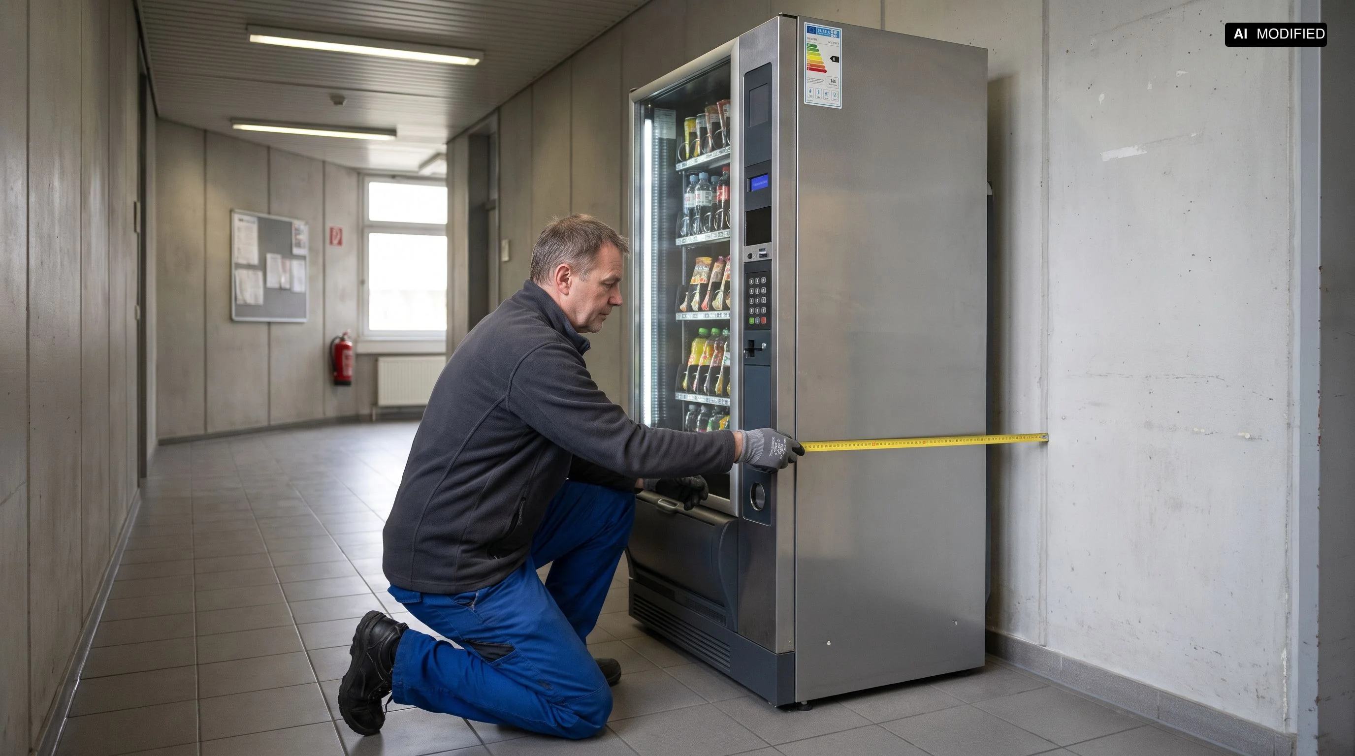 Servicetechniker misst den Wandabstand eines korrekt aufgestellten Verkaufsautomaten im Flur eines Bürogebäudes