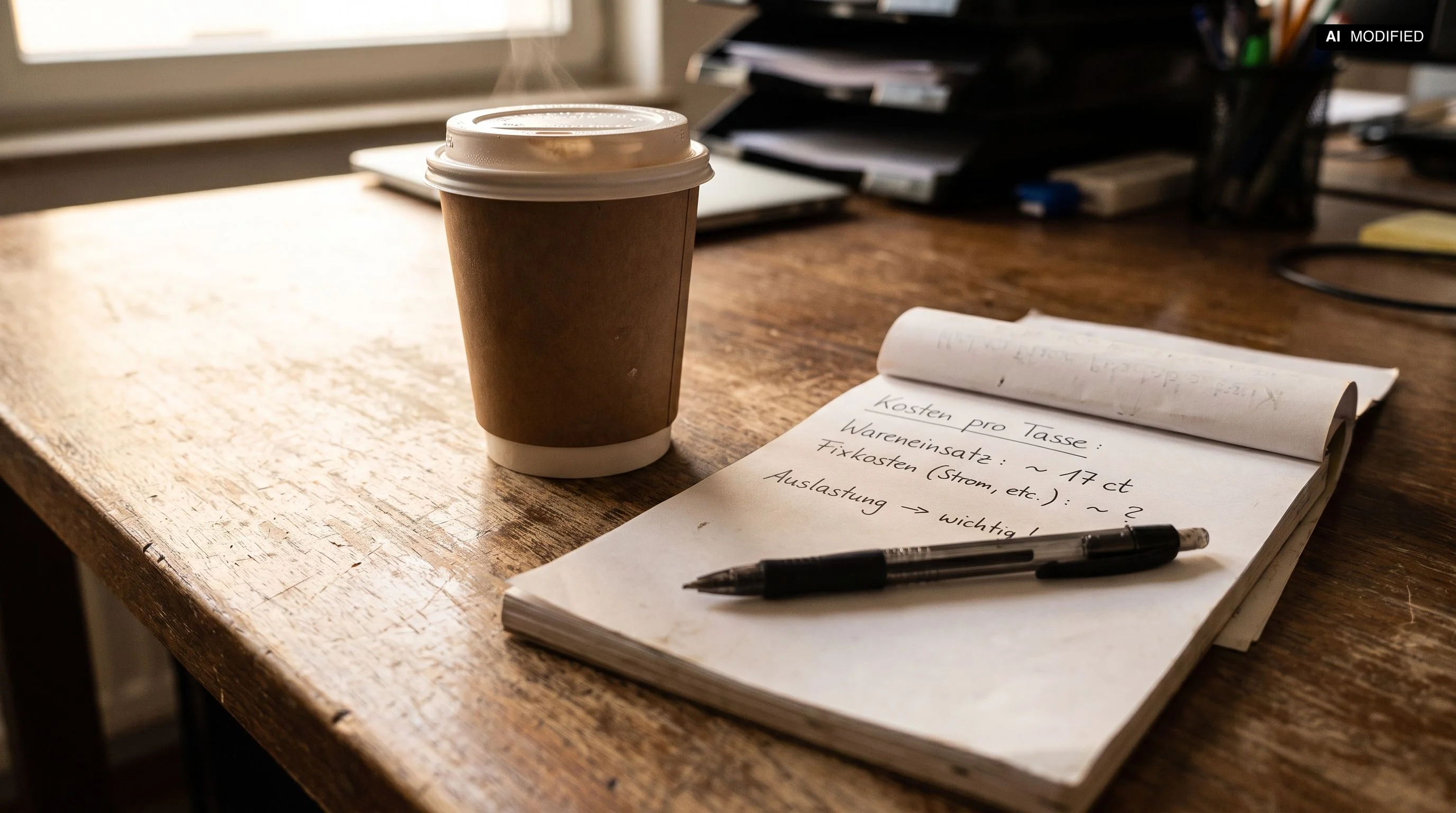 Handschriftliche Kostenkalkulation für eine Tasse Kaffee auf einem Notizblock neben einer frisch gebrühten Tasse aus dem Automaten