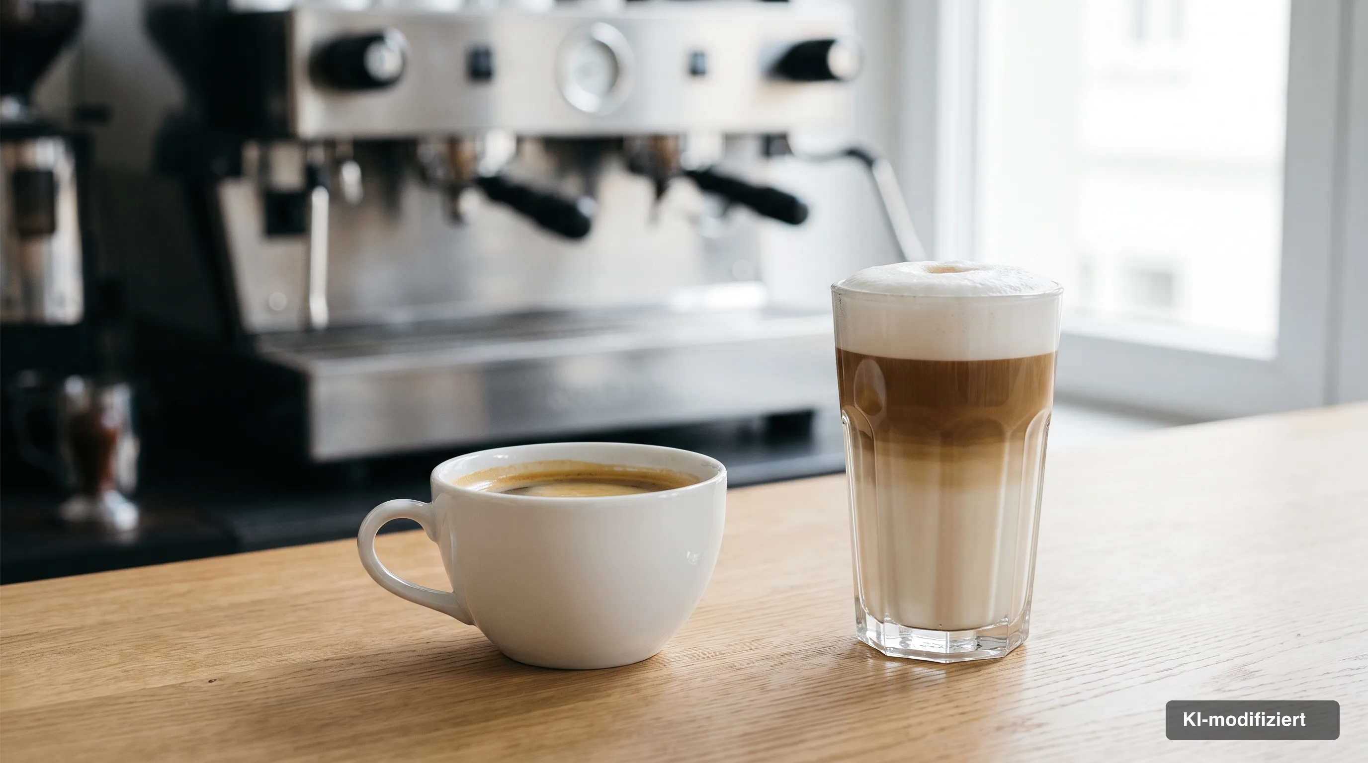Schwarzer Kaffee und ein Milchgetränk nebeneinander am Automaten