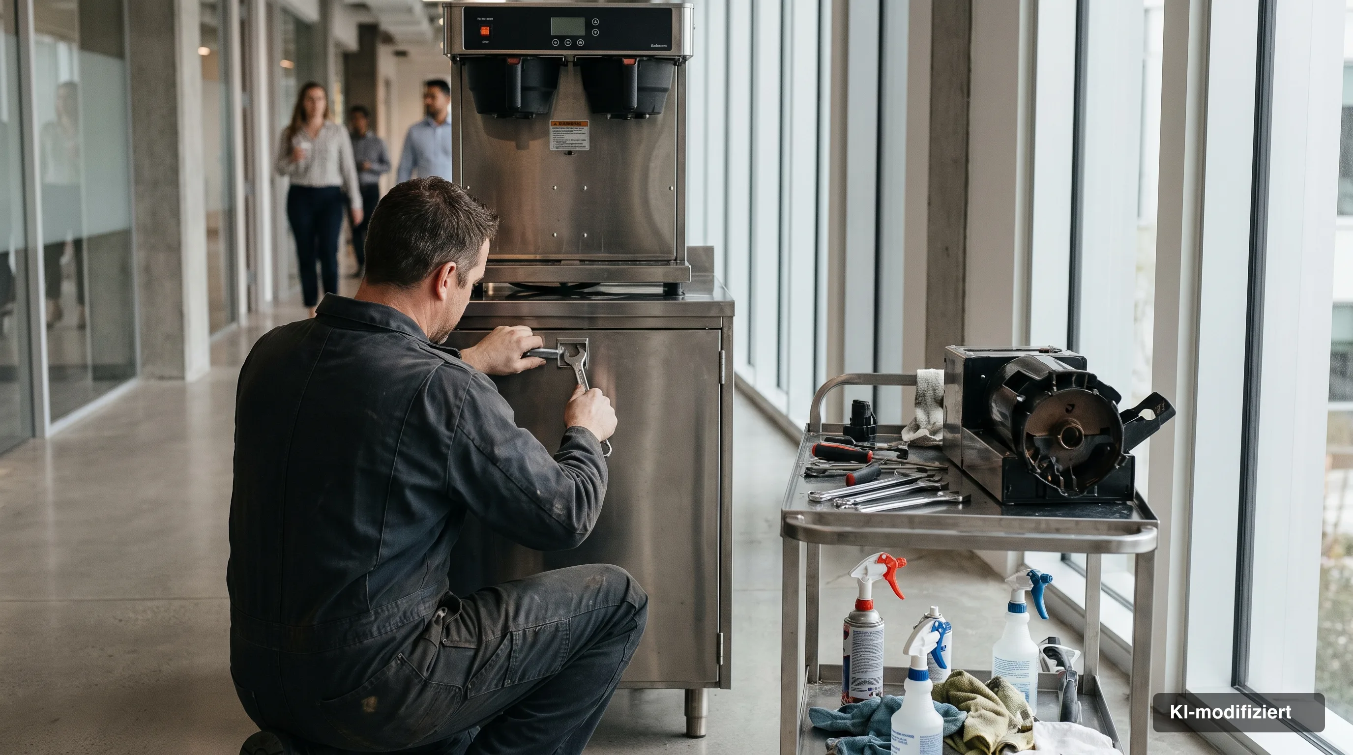 Servicetechniker bei der Wartung eines professionellen Kaffeeautomaten in einem Bürogebäude