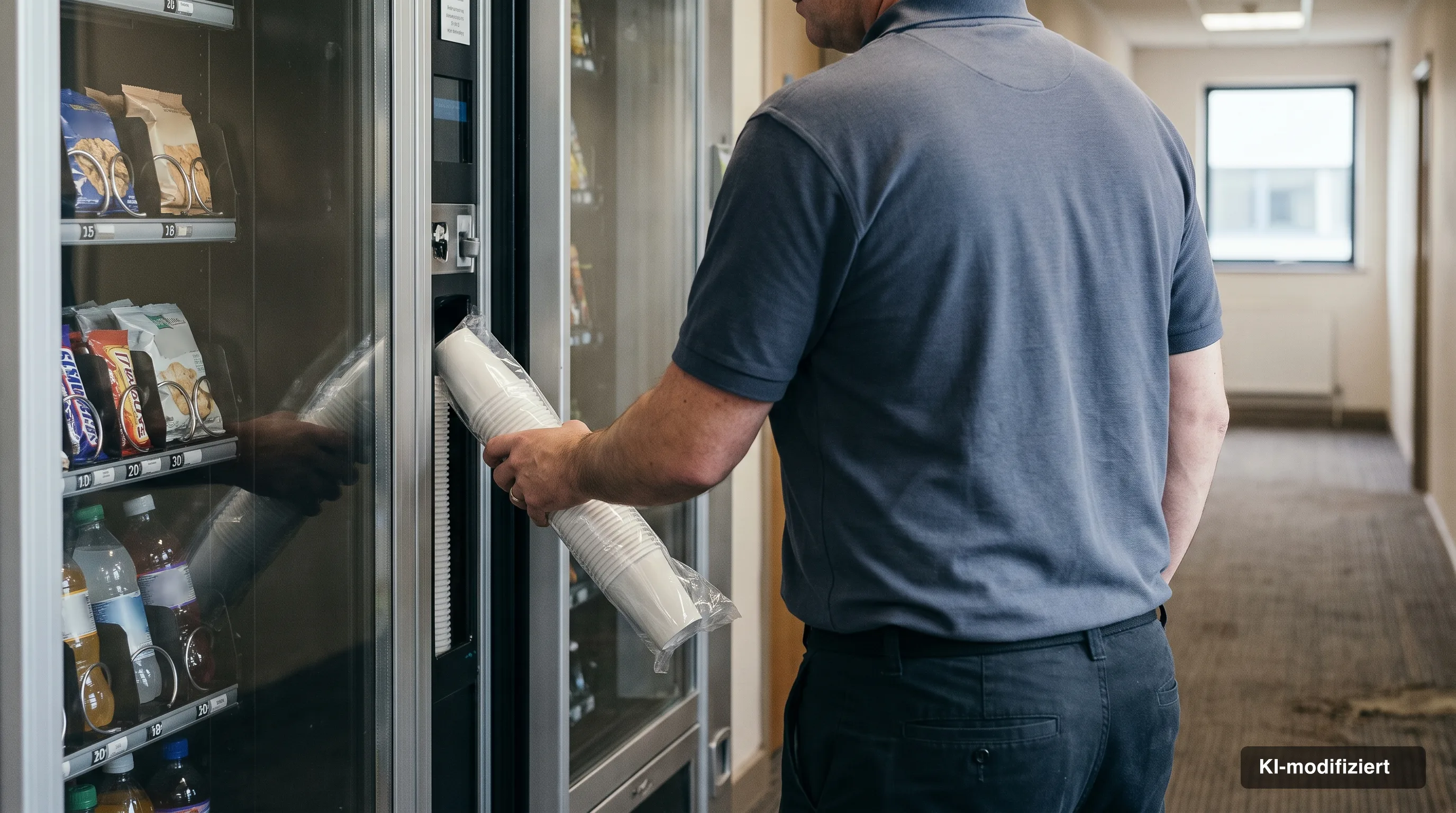 Servicetechniker füllt Bechermagazin und Snackfächer eines Verkaufsautomaten in einem Büroflur nach
