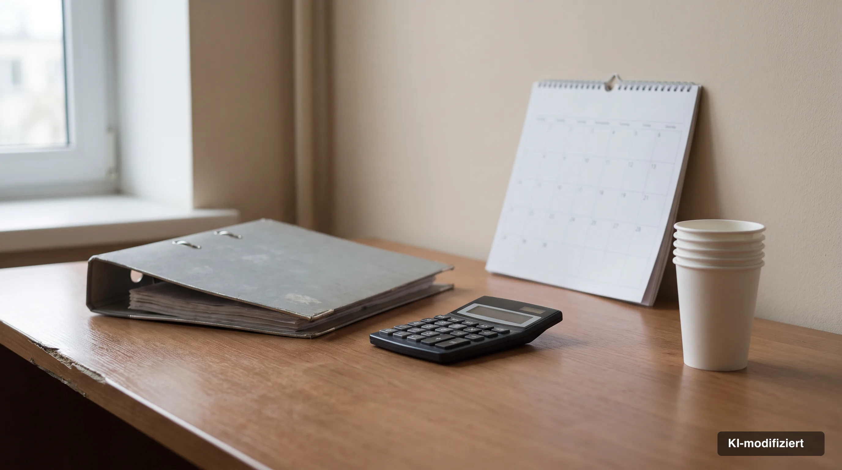 Aktenordner, Taschenrechner und Kalender auf einem Schreibtisch neben einem Stapel Einwegbecher